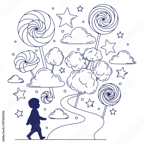 Whimsical journey of a child through a candy land dreamscape with lollipop trees and starry skies