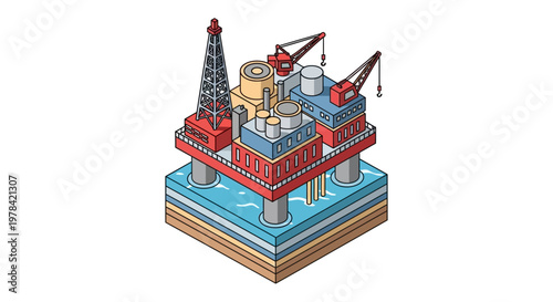 Offshore oil rig and platform in the sea, industrial structure for petroleum extraction on blue water, high-quality isometric illustration