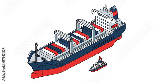 A large cargo ship and a small tugboat side-by-side on a white background, representing global shipping and maritime logistics