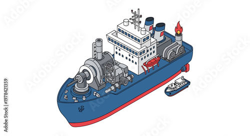Vector illustration of a specialized industrial vessel with heavy machinery and a small companion boat, symbolizing advanced marine engineering and efficient offshore operations