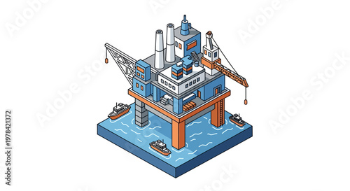 Isometric Illustration of an Offshore Oil Rig Platform for Energy Exploration and Production in the Ocean, Depicting Industrial Resource Extraction and Global Fuel Supply