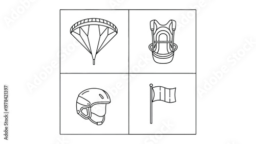 Skydiving Gear Elements: Illustrated elements for skydiving gear like a parachute, harness, helmet, and flag, symbolizing adventure and safety.