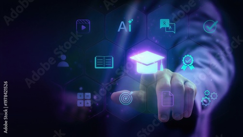 Digital certification and online learning powered by ai education technology, professional accessing secure elearning platform for accredited course assessment and verified credential development