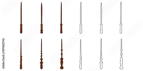 Hand-drawn cartoon and doodle set of magic wands on a white background.
