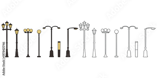 Hand-drawn cartoon and doodle set of streetlight poles on a white background.