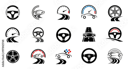 Collection of car logos and icons for automotive industry.