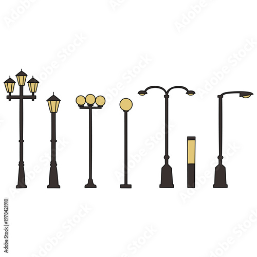 Hand-drawn cartoon set of streetlight poles on a white background.