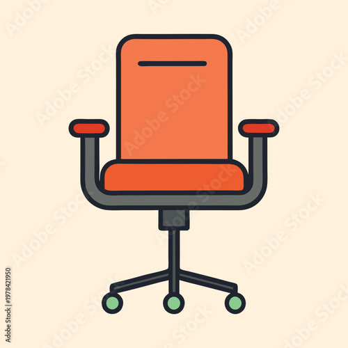 Illustration of an orange office chair with black outline and green wheels