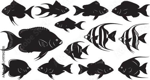 Black Silhouettes of Various Fish on White Background Illustration