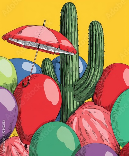 Colorful balloons with a cute cactus and umbrella against a bright yellow backdrop create a fun and lively scene