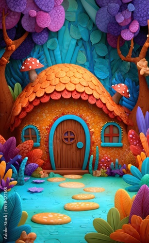 Colorful clay treehouse surrounded by vibrant flowers and lush greenery in a whimsical fairy tale setting