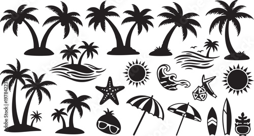 Tropical beach icons and silhouettes in black and white