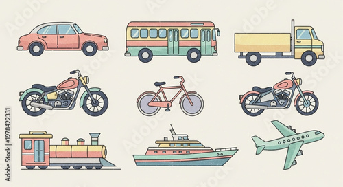 Collection of diverse transportation vehicles illustrated in a simple style.