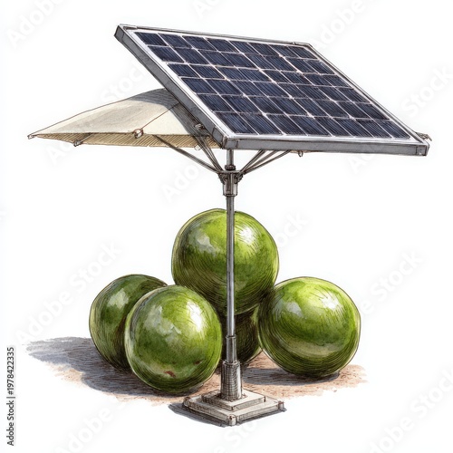 Solar panel umbrella brings joy to a sunny day surrounded by whimsical green spheres