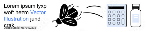 Pest control, healthcare, calculation, problem-solving, infestation solutions, pharmaceutical analysis. Flying insect near calculator and medicine bottle. Pest control and healthcare concept