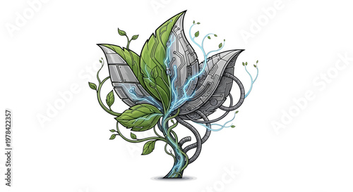 A striking illustration depicting a hybrid plant, half organic green leaves and vines, half metallic machinery with blue electrical energy, symbolizing the fusion of nature and technology.