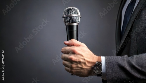 Close-up of a man in a suit holding a microphone.