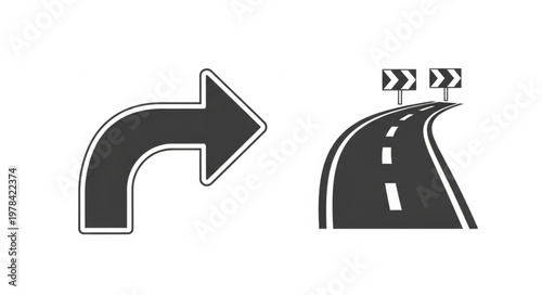 Road Sign and Curved Road Illustration.