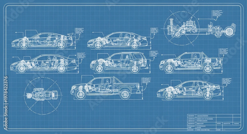 Detailed Blueprint Schematics of a Sports Car Design.