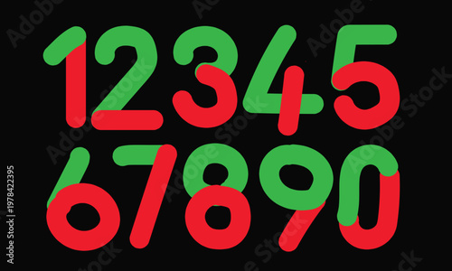 Red and Green Dual-tone Rounded Number set 0-9 on black background, Vector numeric icons for creative and colorful typography design.