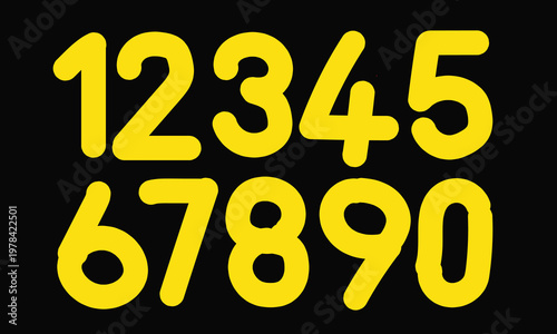 Yellow Large Rounded Number set 0-9 on black background, Vector numeric silhouettes for vibrant and attention-grabbing typography design.