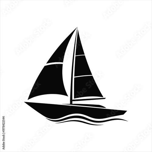 Stylized silhouette of a modern sailboat with full sails gliding smoothly across wavy water