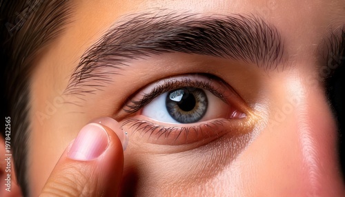 Close-up of a mans eye with finger touching lower lid.