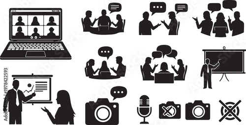 Silhouette icons of people communicating and presenting ideas effectively