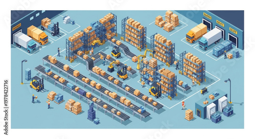 Modern warehouse interior with conveyor belts and forklifts.