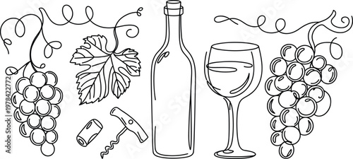 Elegant wine bottle, glass, grapes, corkscrew, vineyard line art illustration, winery decor, rustic beverage sketch, sommelier culture artwork
