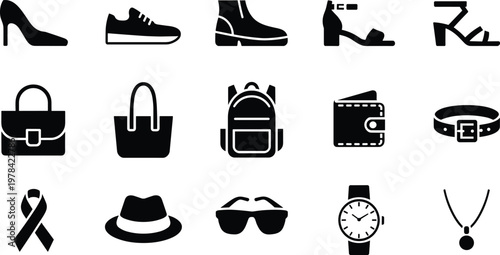 Fashion silhouette icons, footwear, handbags, accessories, stylish vector set, trendy fashion clipart, retail design, modern fashion graphics, illustration