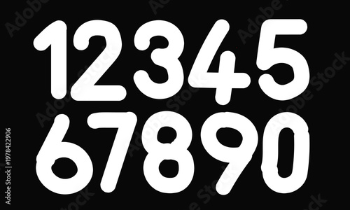 White Large Rounded Number set 0-9 on black background, Vector numeric silhouettes for professional and clean typography design, minimal digital icons.