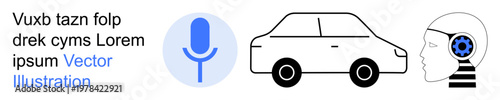 Artificial intelligence, smart cars, voice recognition, automation, digital interaction, user interfaces. Features microphone, car and AI head profile. AI and smart cars conceptual