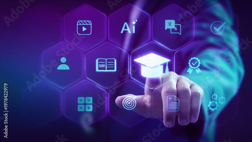 Digital certification and online learning powered by ai education technology, professional accessing secure elearning platform for accredited course assessment and verified credential development