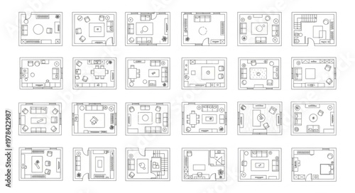Collection of architectural floor plan blueprints for residential buildings.