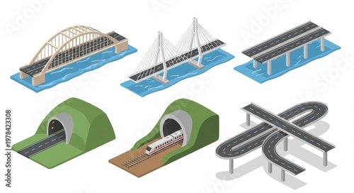 Collection of isometric transportation infrastructure elements.
