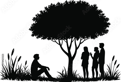 Lonely person under tree silhouette, social isolation concept, group conversation nearby, nature scene illustration, solitude, exclusion, emotional artwork design