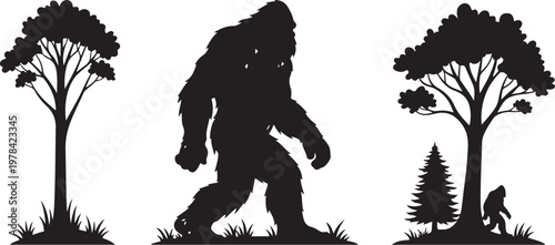 Bigfoot walking through forest landscape in black silhouette style