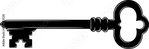 Black vintage skeleton key with ornate bow silhouette isolated on white background
