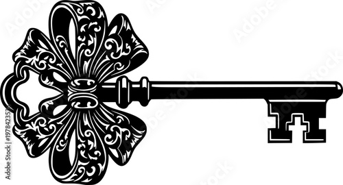 Black vintage skeleton key with ornate bow silhouette isolated on white background
