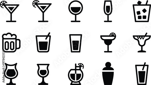 Minimalist black and white drinkware icons, cocktail glasses, wine glass, beer mug, tumbler, shaker, beverage silhouettes, bar menu design, hospitality