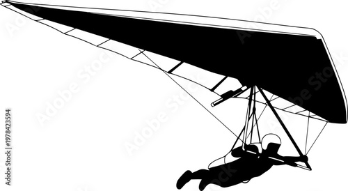 Silhouette of a person flying a hang glider in flight against a isolated on white background
