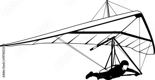 Silhouette of a person flying a hang glider in flight against a isolated on white background
