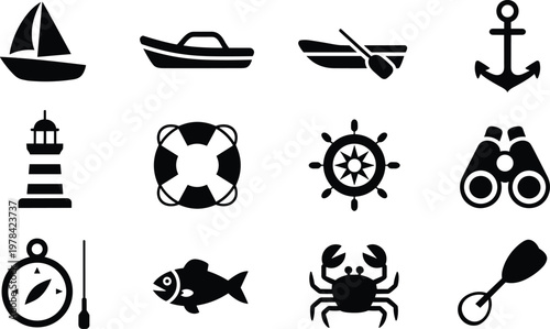 Nautical silhouette icon set, sailboat, anchor, lighthouse, ship wheel, compass, fishing, marine life, crab, fish, binoculars, rowboat