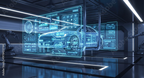 Futuristic Car Design Hologram Displayed on Digital Screens.