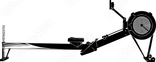 Black silhouette of a rowing machine against a isolated on white background
