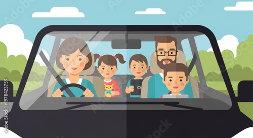 Happy family enjoying a road trip in their car.