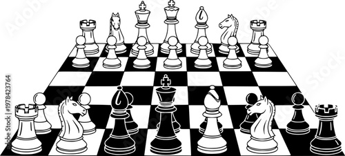 Black and white chessboard with pieces in flat vector style isolated on white background
