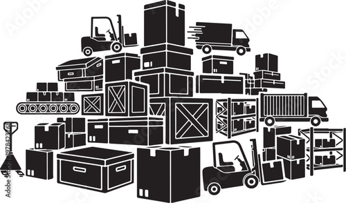 Logistics and transportation illustration with various cargo containers stacked
