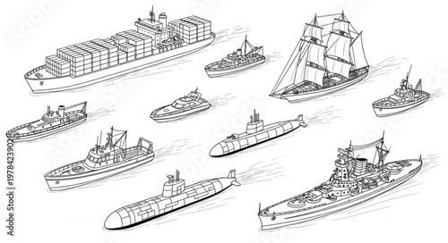 Collection of various ship types and vessels illustration.